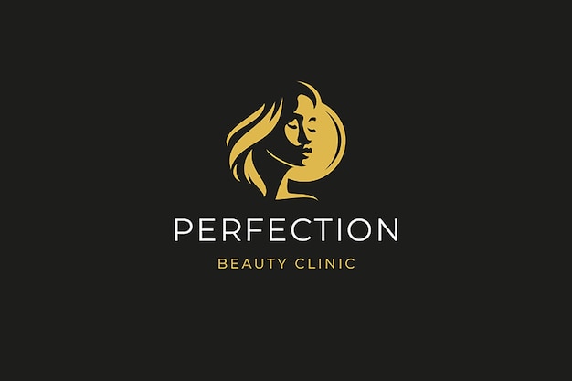 PSD mystery woman head with moon golden minimalist silhouette logo design template flat