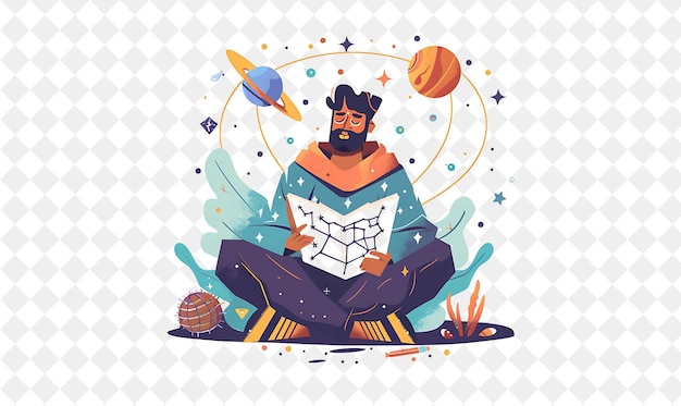 PSD mystical astrologer with characters reading and interpreting png people in daily work illustration