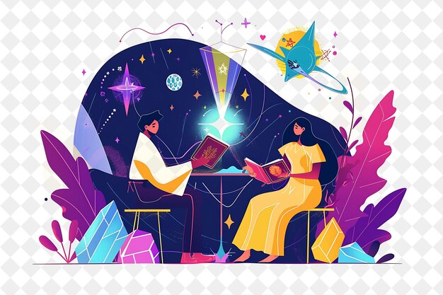 PSD mystical astrologer with characters reading stars and predic png people in daily work illustration