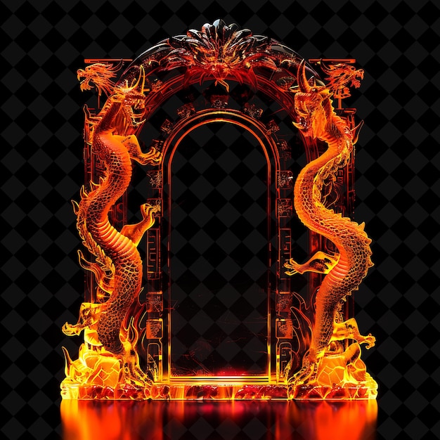 PSD mystical dragon lair gate with fire breathing dragon motifs png y2k shape neon color collection