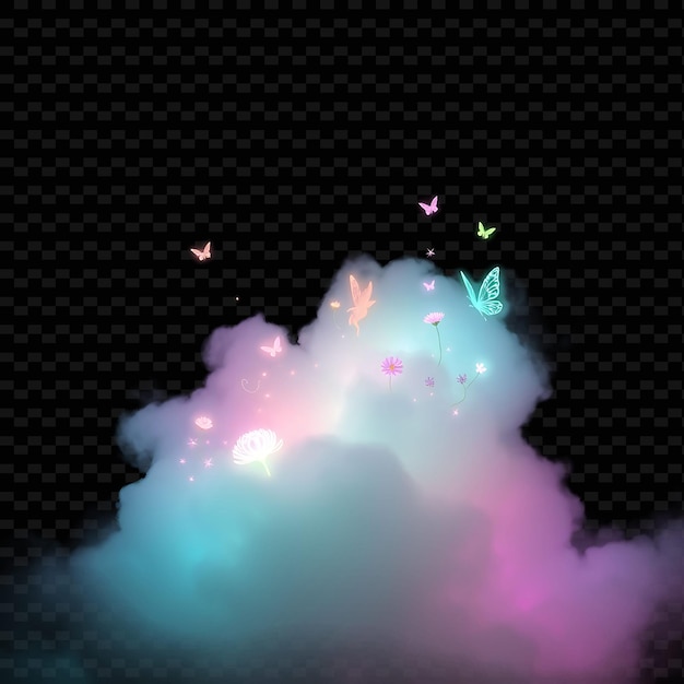 PSD mystical fog cloud enchanted with glowing fairies luminescent flowers and m_isolated_neon_objecta