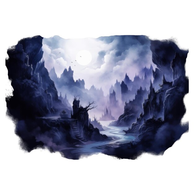 A Mystical Foggy Mountain Landscape with a Winding River and a Full Moon