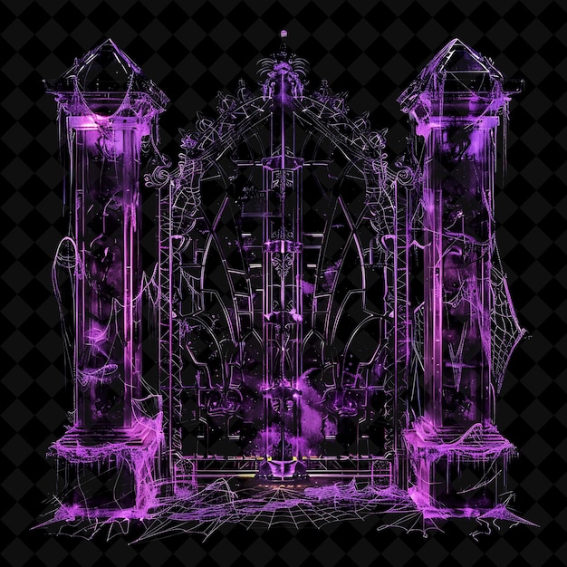 PSD mystical haunted mansion gate with ghostly figures and cobwe png y2k shape neon color collection