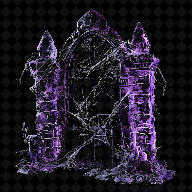 PSD mystical haunted mansion gate with ghostly figures and cobwe png y2k shape neon color collection