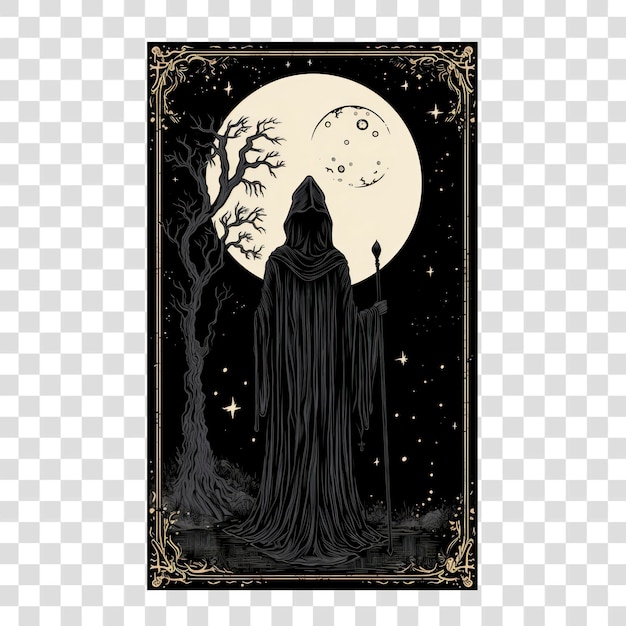 PSD mystical hooded figure under moonlight