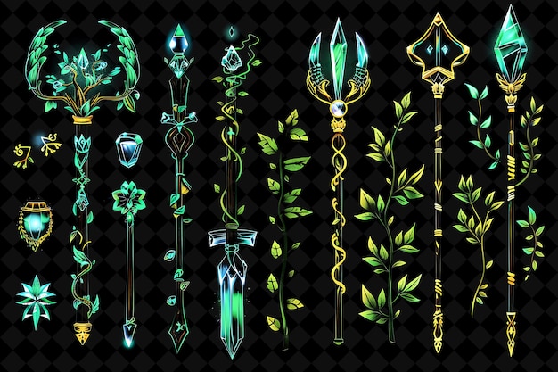 PSD mystical staff 32 bit pixel with crystals and vines wrapped y2k shape neon color art collections