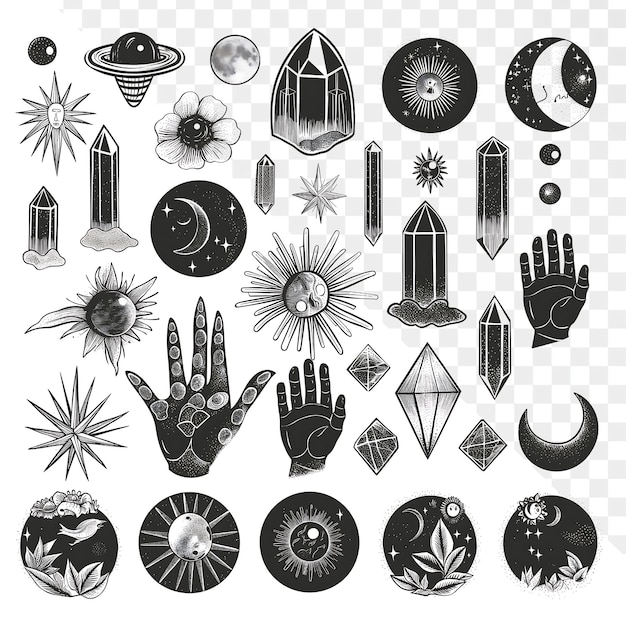 Mystical Symbols with Moon Phases and Crystals