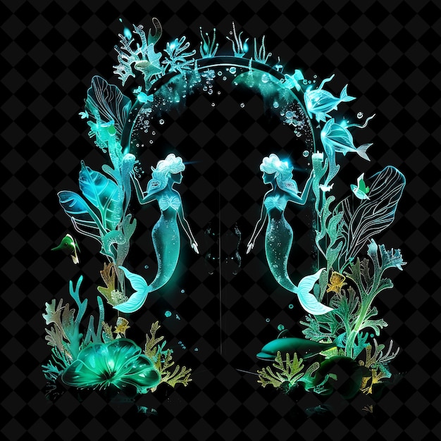 PSD mystical underwater gate with mermaids and coral reefs made png y2k shape neon color collection