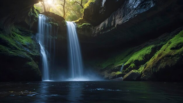 PSD mystical waterfall in a hidden cave