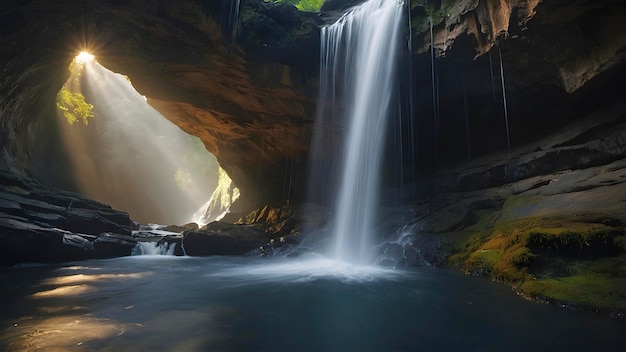 PSD mystical waterfall in a hidden cave