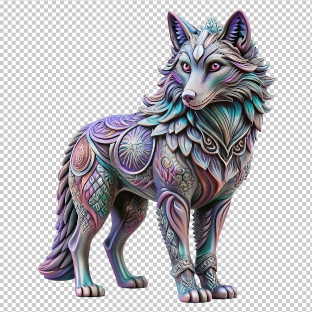 Mystical wolf sculpted from iridescent metallic