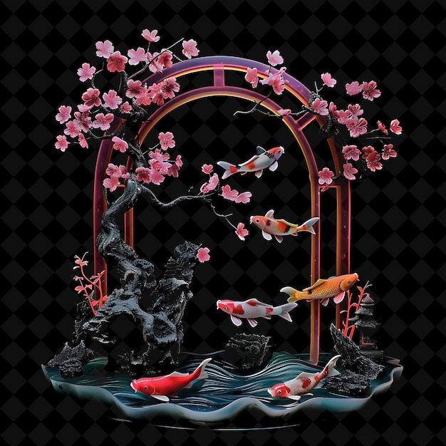 Mystical Zen Garden Gate With Koi Fish and Cherry Blossoms M PNG Y2K Shape Neon Color Collection