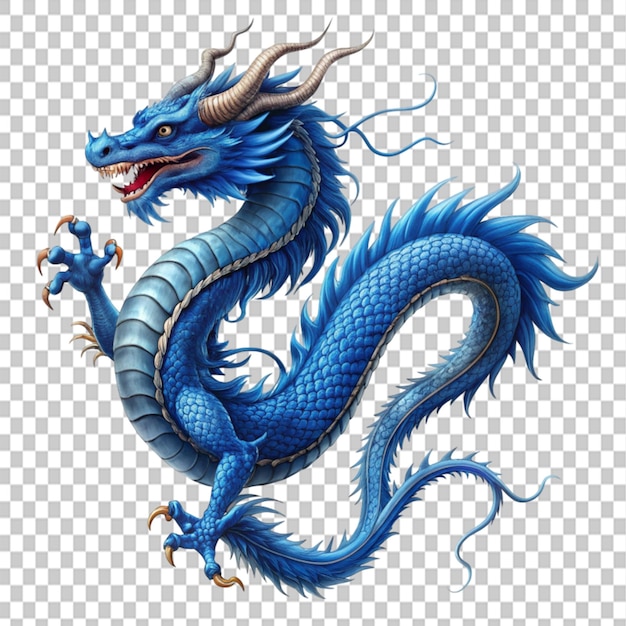 mythical creature Asian dragon blue flying on transparent background