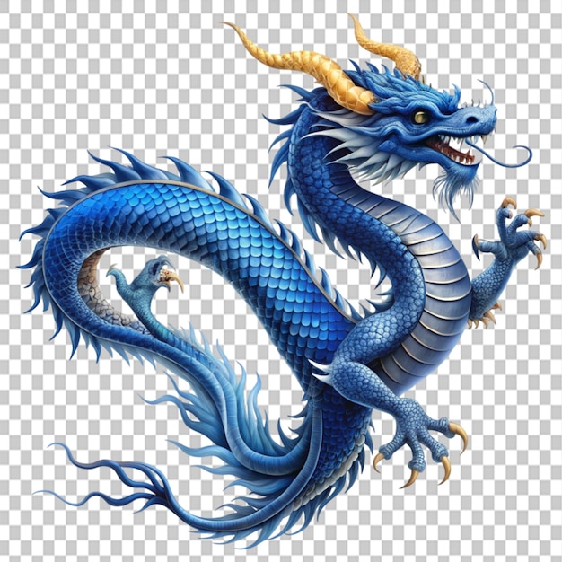 mythical creature Asian dragon blue flying on transparent background