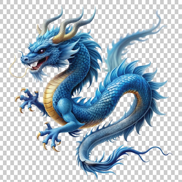 mythical creature Asian dragon blue flying on transparent background