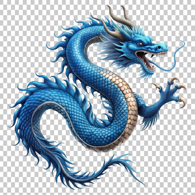 mythical creature Asian dragon blue flying on transparent background