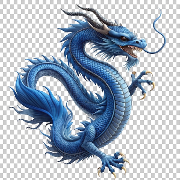 mythical creature Asian dragon blue flying on transparent background