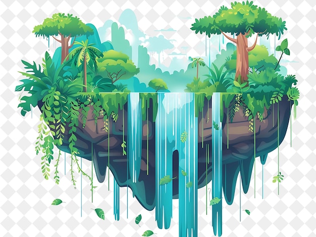 PSD mythical floating island landscape with cascading waterfalls illustration natural scenery design