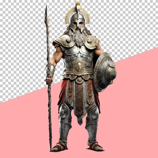 Mythical Greek god with helmet and armor full body isolated object transparent background