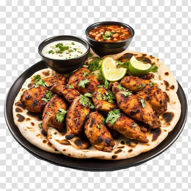 naan bread and grilled chicken legs and souse on transparent background