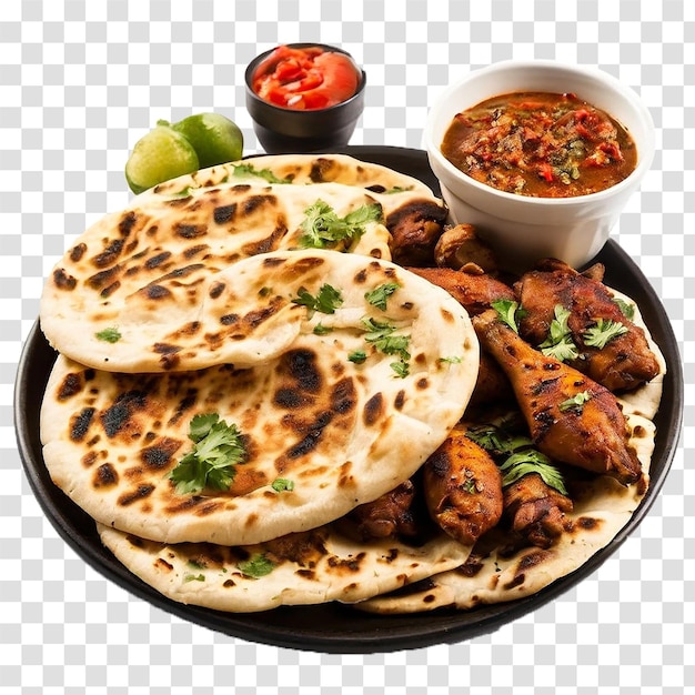 naan bread and grilled chicken legs and souse on transparent background