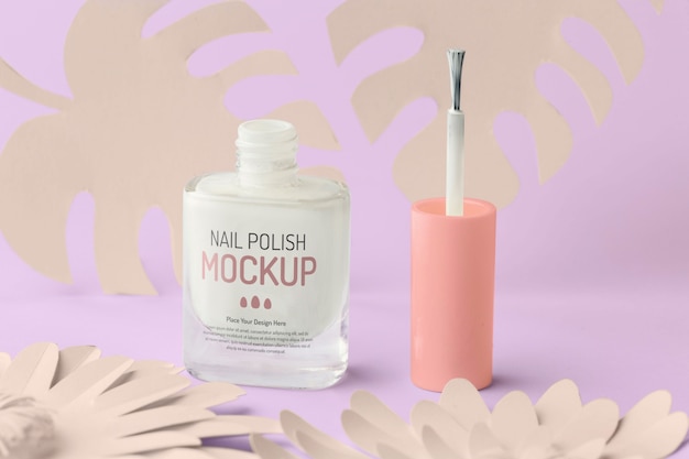 Nail polish bottle design mock-up with paper flowers