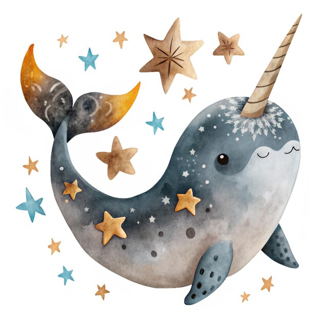 PSD narwhal watercolor illustration for kids clothes and prints isolated clipart