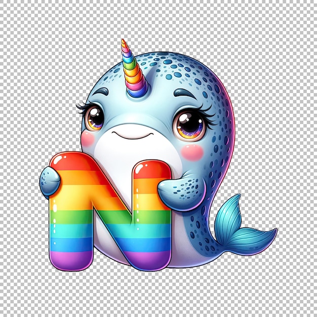 Narwhal with Rainbow Letter N Adorable Fantasy Wildlife Illustration