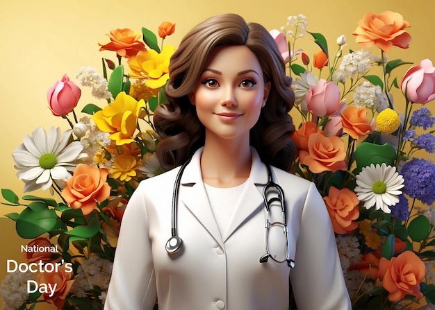 National Doctors Day concept 3d female doctor in a lab coat surrounded by blooming flowers