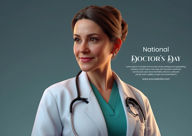 National Doctors Day concept 3d female doctor with a stethoscope on light green background