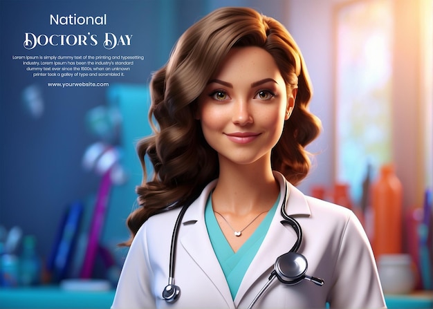 National Doctors Day concept 3d female doctor with a stethoscope on a vibrant medical background