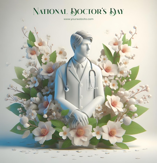 National Doctors Day concept 3d male doctor in a lab coat surrounded by blooming flowers