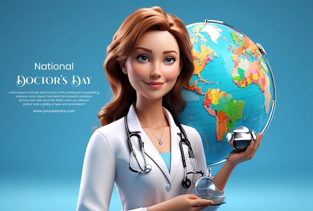 National Doctors Day concept 3d smiling female doctor with a globe and stethoscope