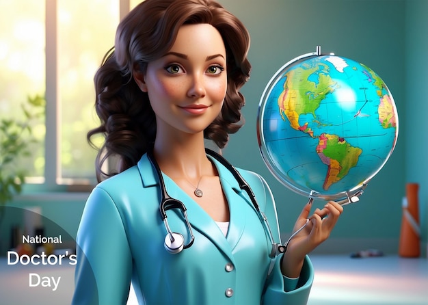 National Doctors Day concept 3d smiling female doctor with a globe and stethoscope