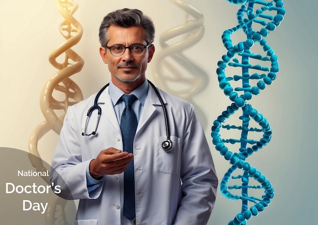 National Doctors Day concept doctor with Caduceus intertwined with a DNA double helix