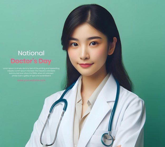 National Doctors Day concept female doctor on blurry green color background