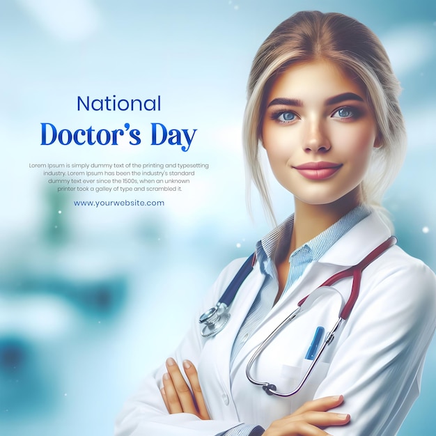 National Doctors Day concept female doctor on blurry light blue color background