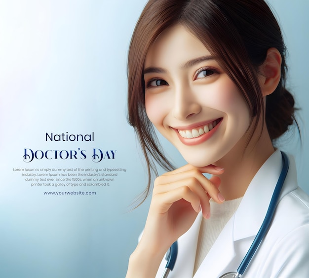 National Doctors Day concept female doctor on blurry light blue color background