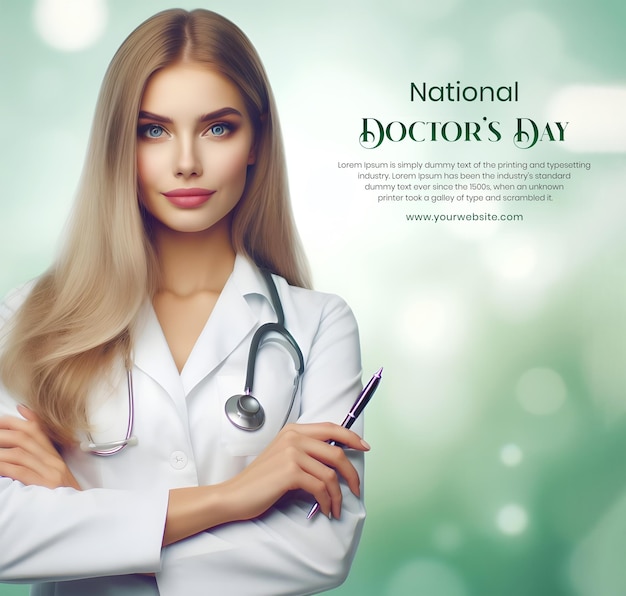 National Doctors Day concept female doctor on a blurry light green color background