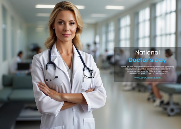 National Doctors Day concept female doctor on blurry medical background