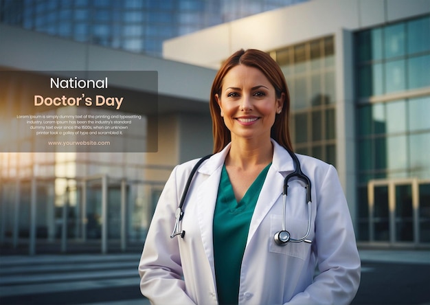 National Doctors Day concept female doctor on medical background