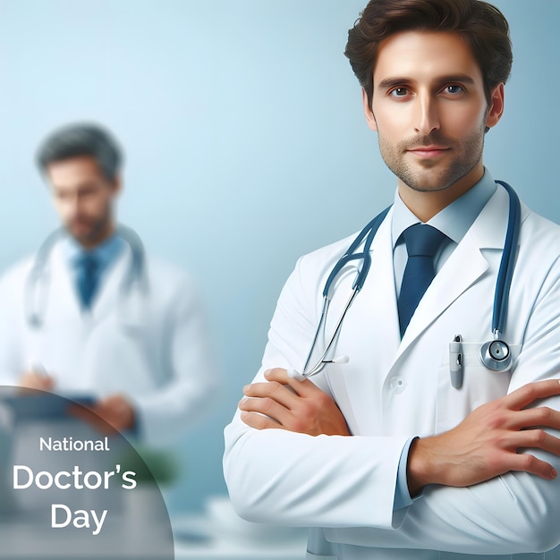 National Doctors Day concept male doctor on blurry light blue color background