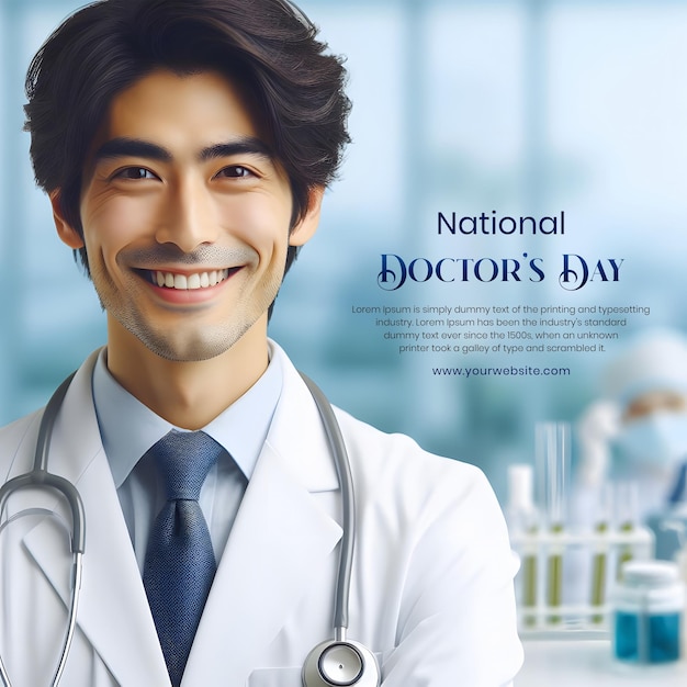 National Doctors Day concept male doctor on blurry light blue color background