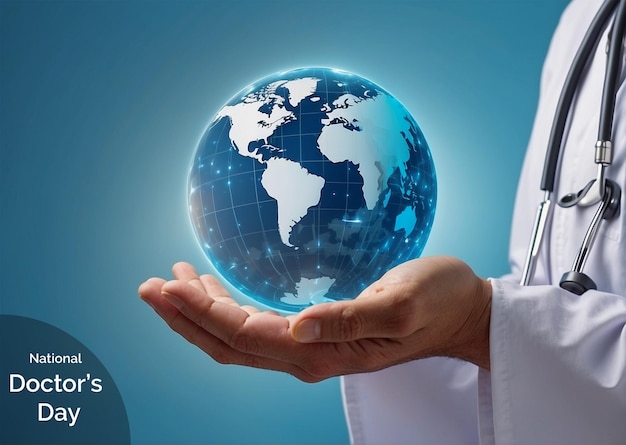 National Doctors Day concept male doctors hand holding a globe on blue background