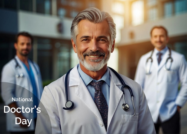 National Doctors Day concept old experienced male doctor on a medical background