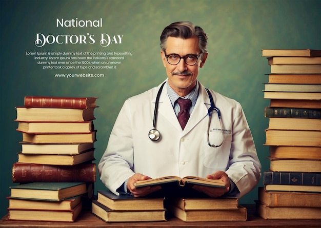 National Doctors Day concept vintage inspired doctor surrounded by medical books