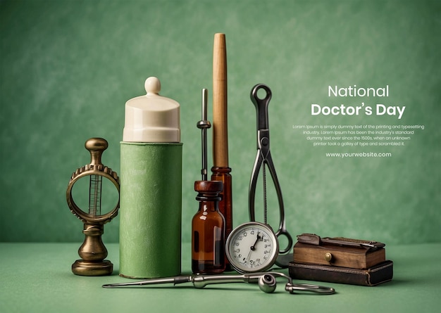 National Doctors Day concept vintage inspired doctors antique medical tools on green background