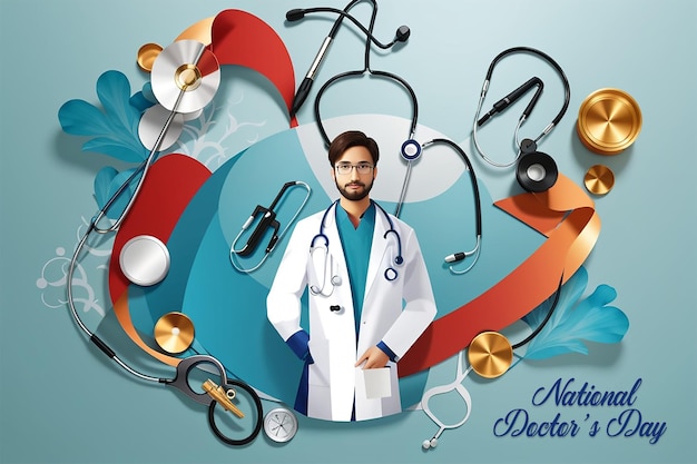 PSD national doctors day special banner with a dedicated physician and a symbolic stethoscope