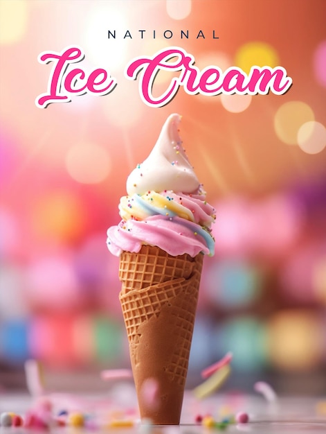 a National Ice Cream Day poster with delicious ice cream in the background