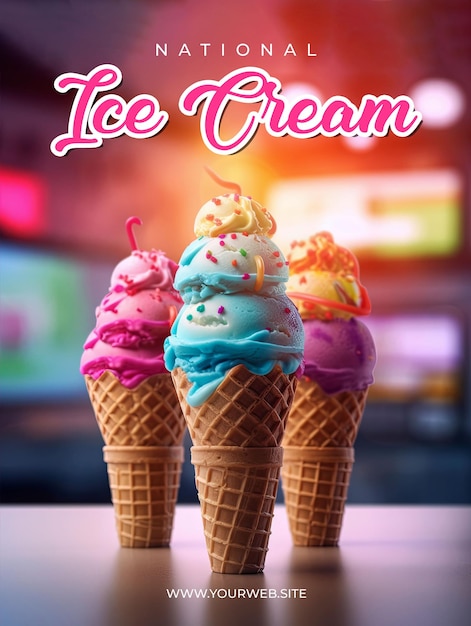 a National Ice Cream Day poster with delicious ice cream in the background